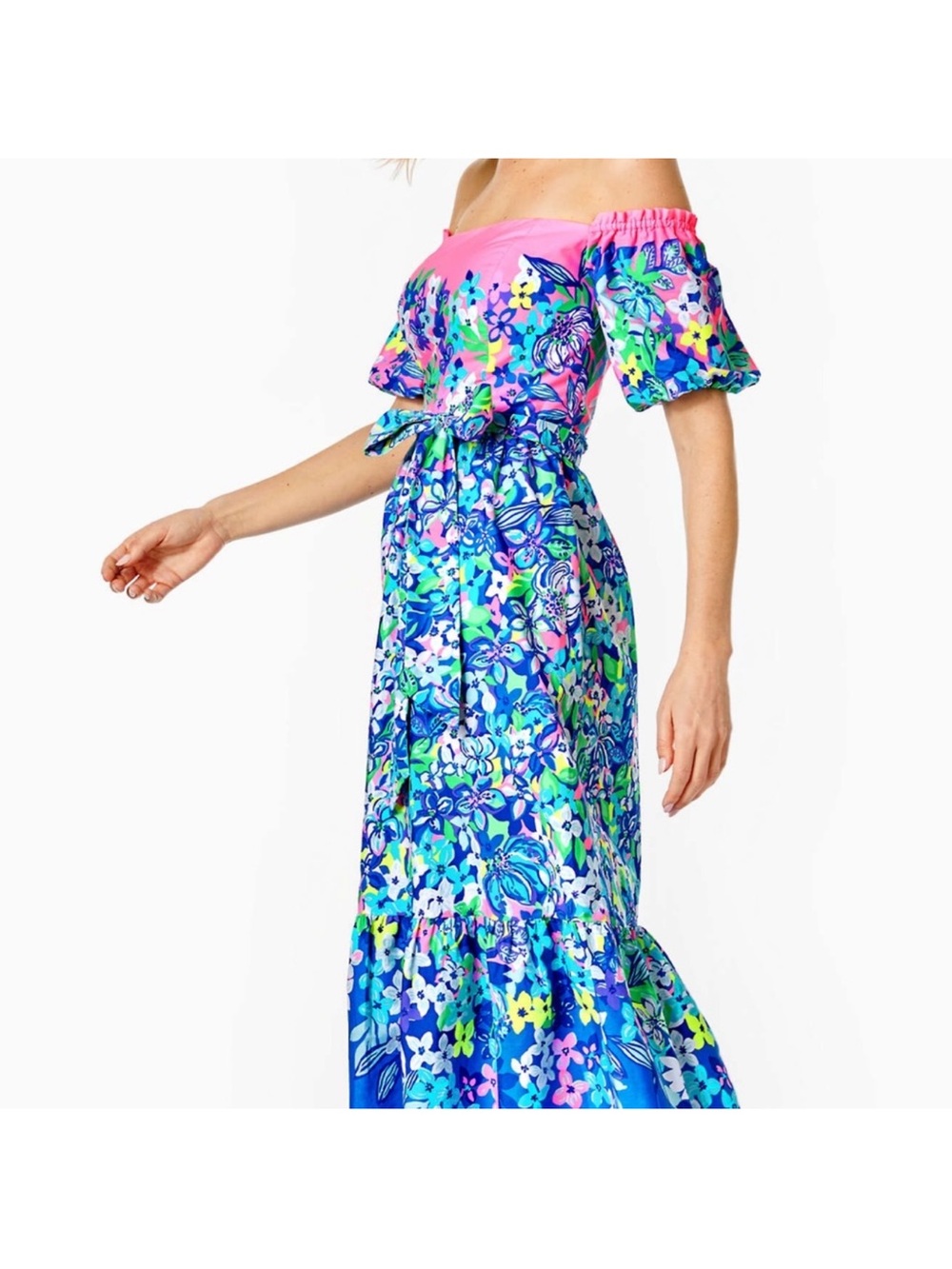 Lilly Pulitzer Off-Shoulder Floral Maxi Dress in Pink and Blue